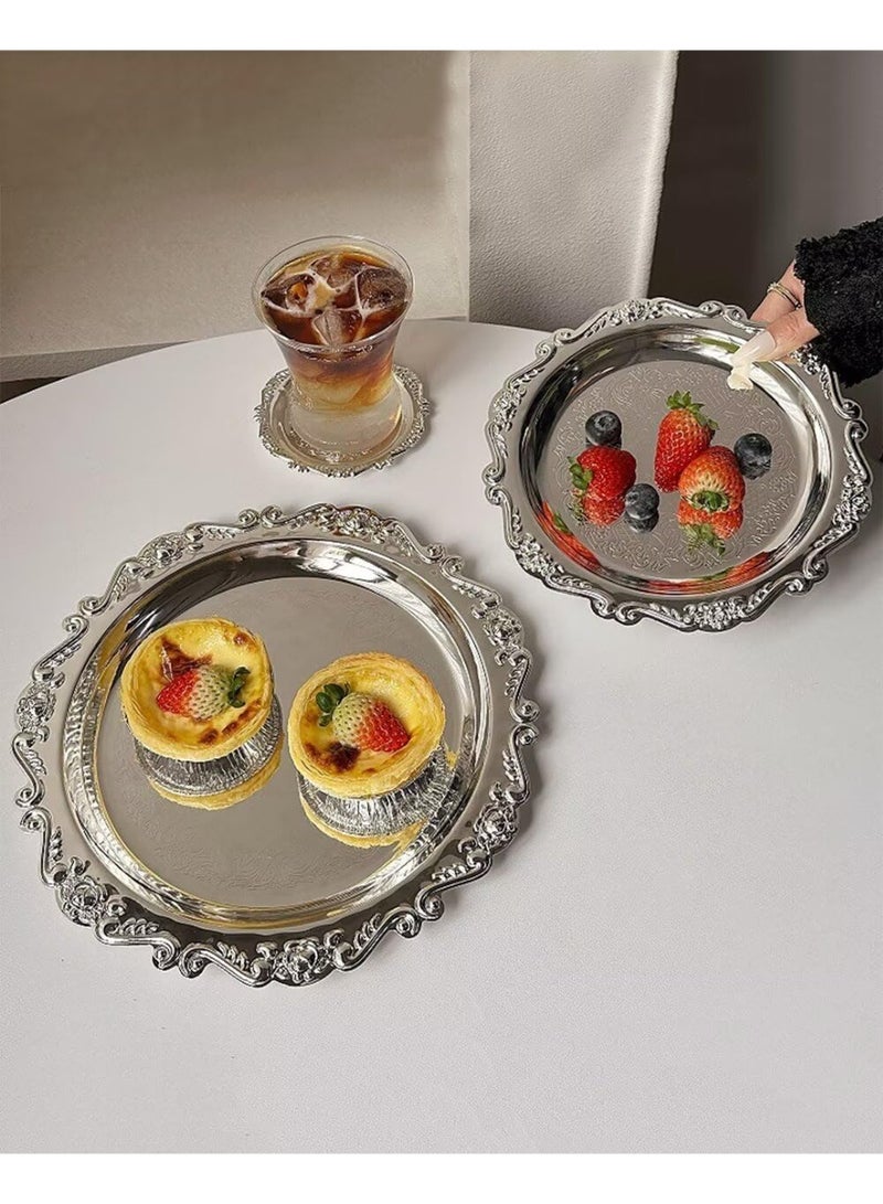 Round Decorative Tray 7.9in Metal Dessert Plates Vintage Coffee Table Tray for Snacks Fruit Silver - Image 3